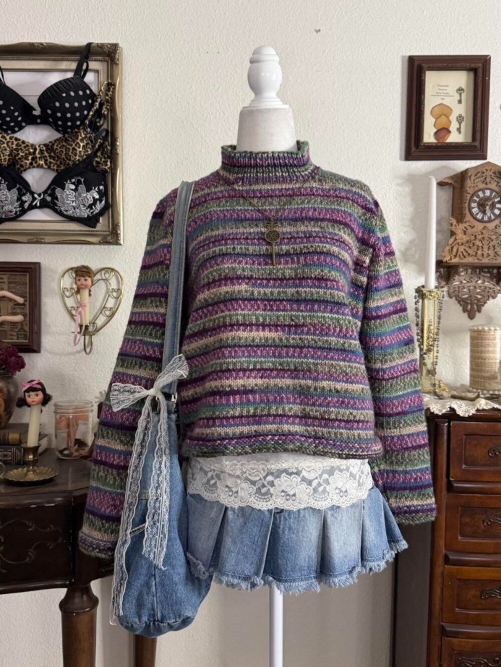 Vintage quirky twee whimsical handmade knit striped cropped mock neck sweater